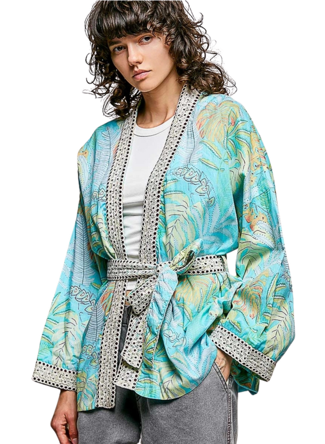 Aqua Floral Belted Kimono
