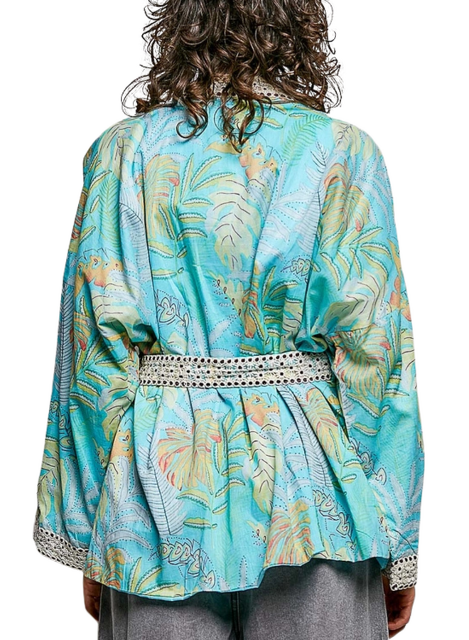 Aqua Floral Belted Kimono