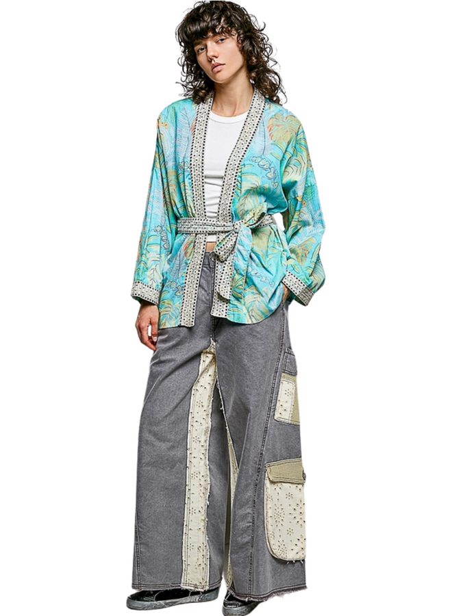 Aqua Floral Belted Kimono