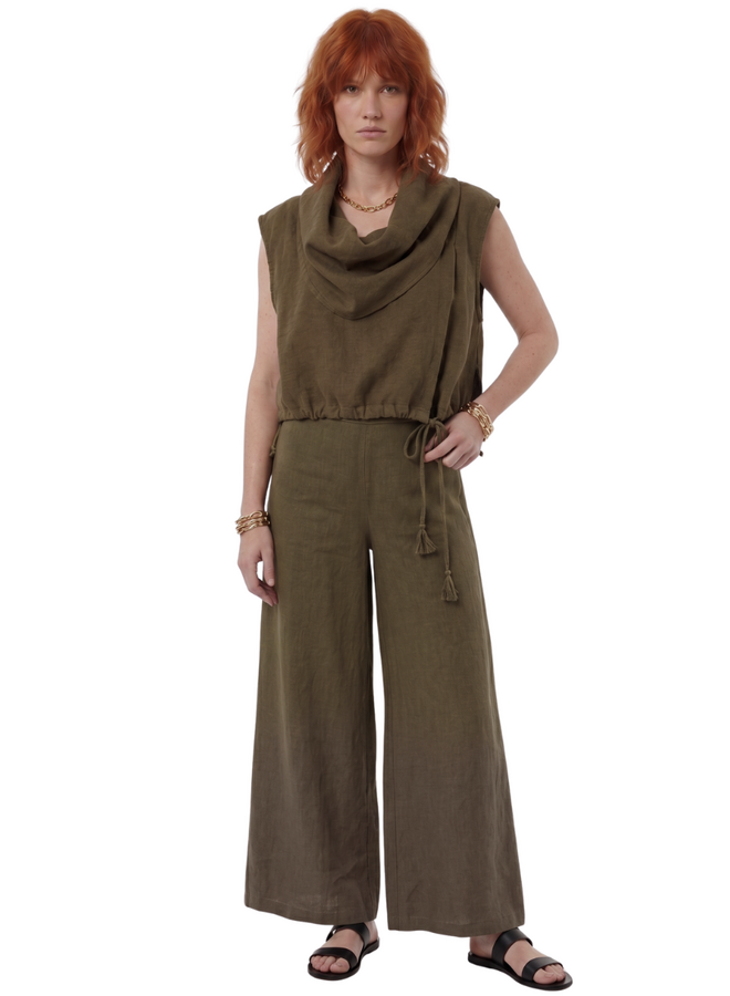 Bryn Walker Long Full Linen Pant in Jasper Green
