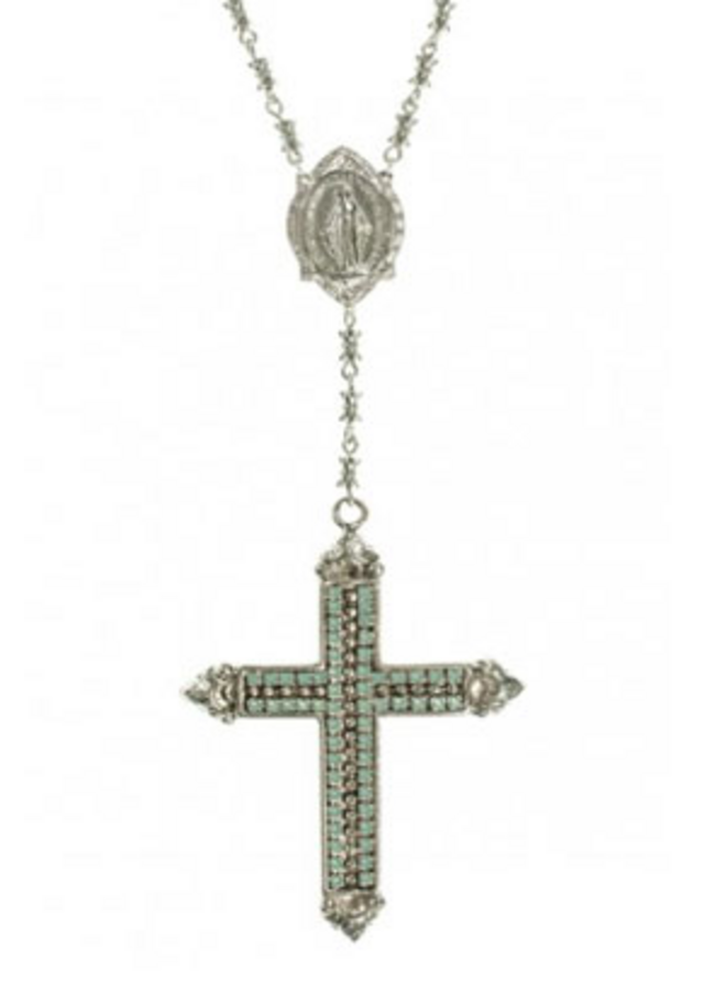 Resurrection Crystal Cross Rosary Necklace in Silver & Pacific Opal