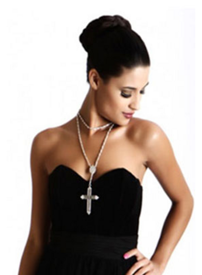 Resurrection Crystal Cross Rosary Necklace in Silver & Pacific Opal
