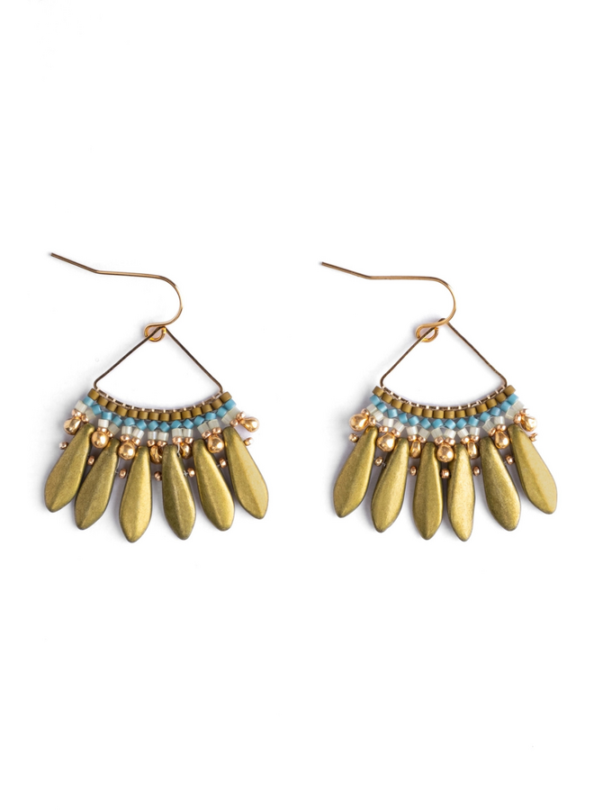 Beaded Heirloom Fan Earrings in Olive
