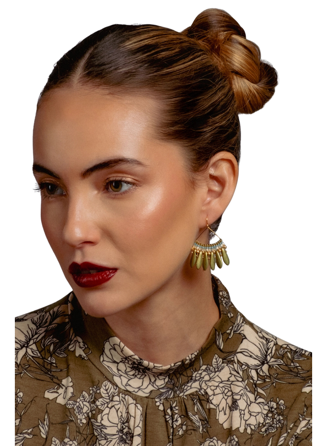 Beaded Heirloom Fan Earrings in Olive