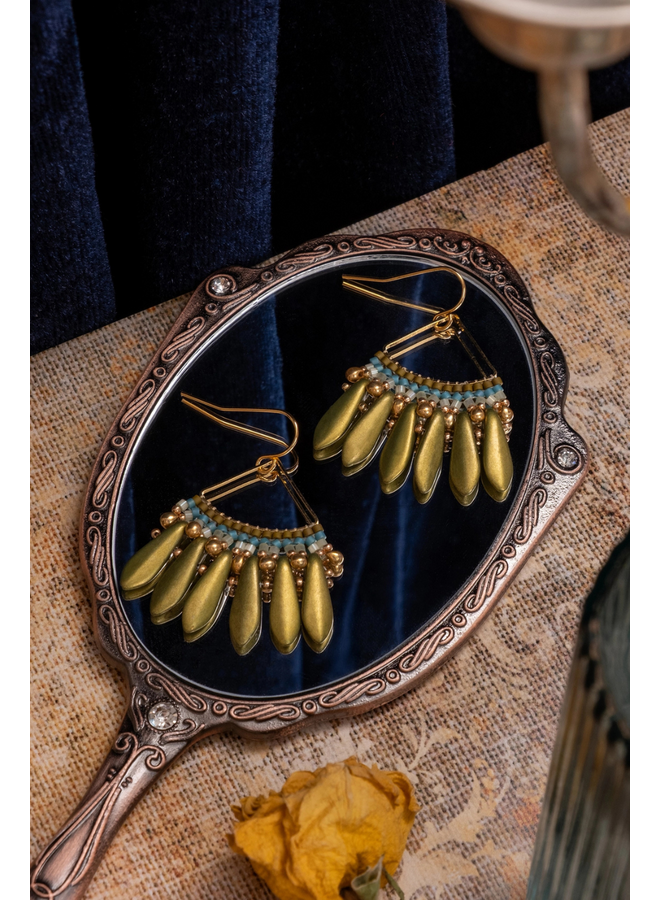 Beaded Heirloom Fan Earrings in Olive