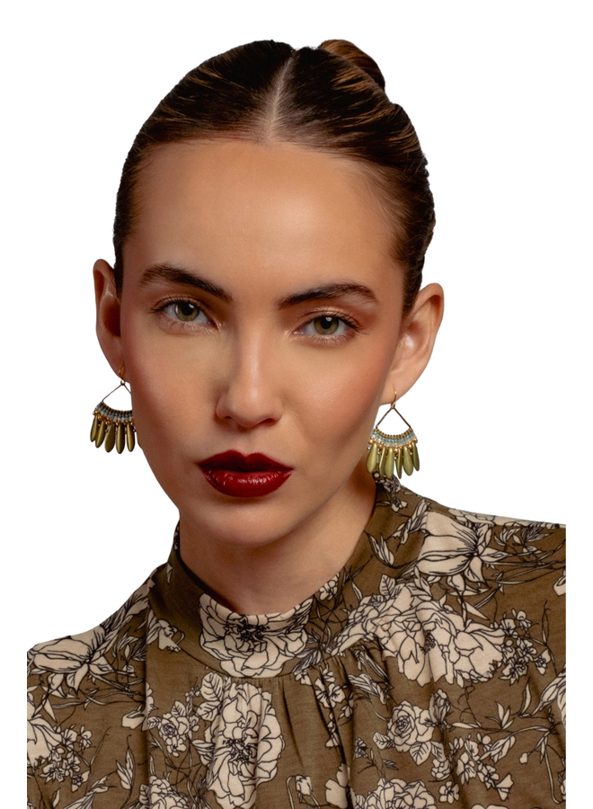 Beaded Heirloom Fan Earrings in Olive