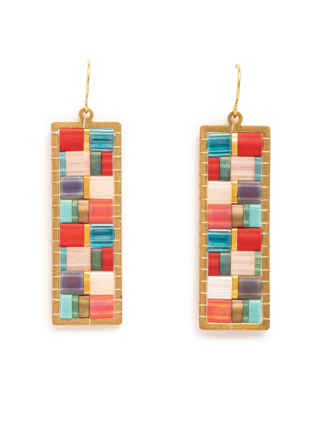 Beaded Mosaic Tila Earrings in Aqua/Red