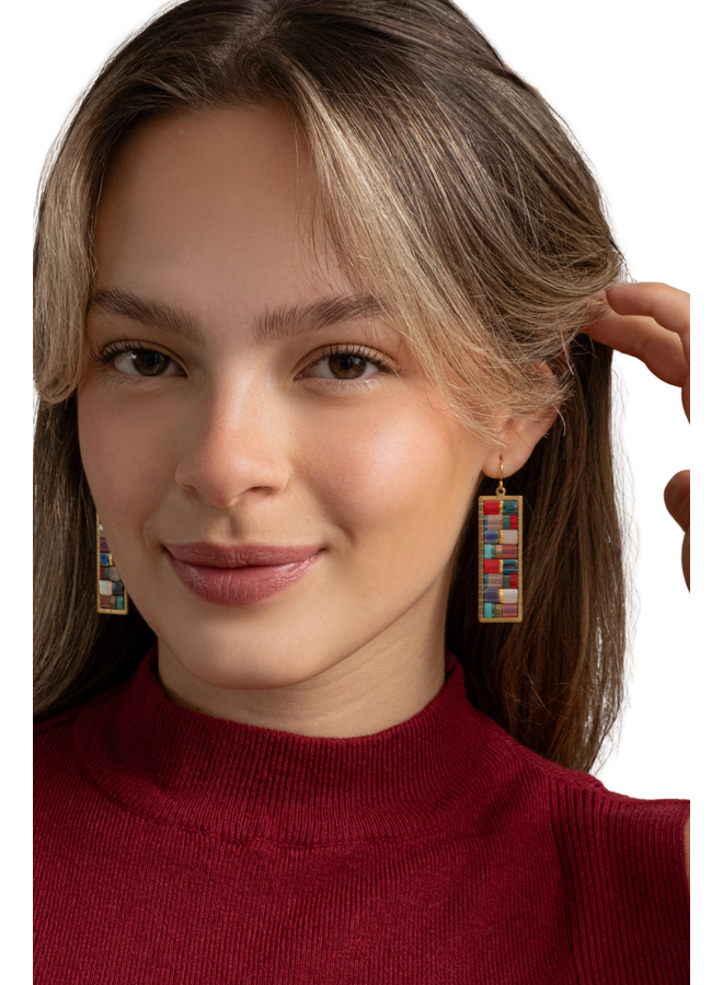 Beaded Mosaic Tila Earrings in Aqua/Red