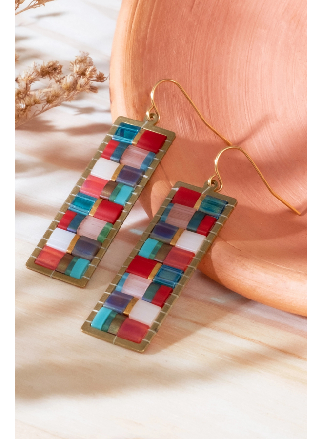 Beaded Mosaic Tila Earrings in Aqua/Red