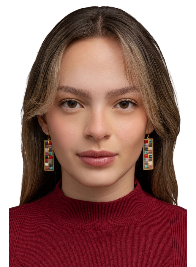 Beaded Mosaic Tila Earrings in Aqua/Red