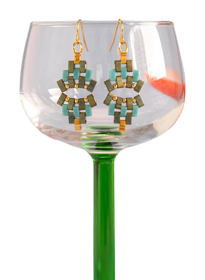 Beaded Astoria Drop Earrings in Green/Aqua