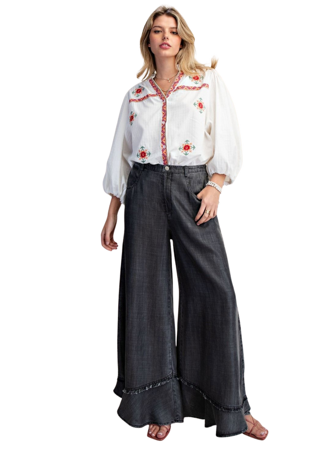 Ruffle Hem Wide Leg Pants in Black Denim