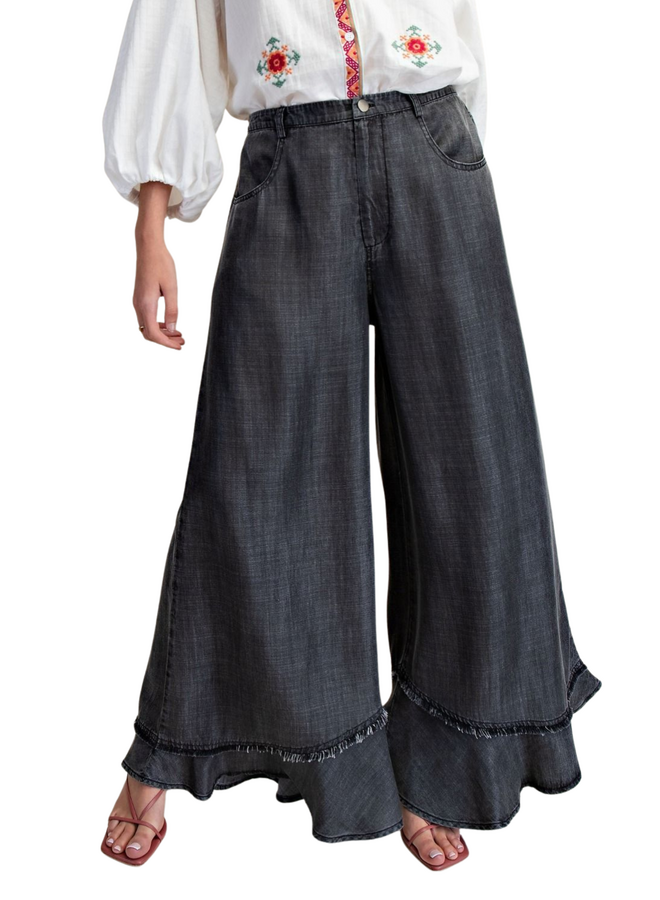 Ruffle Hem Wide Leg Pants in Black Denim
