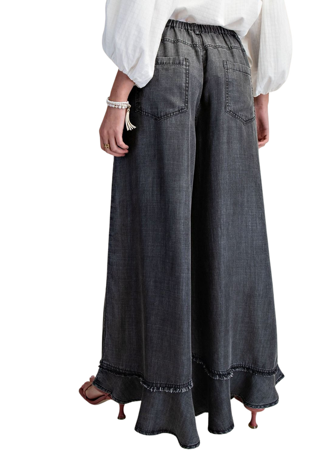 Ruffle Hem Wide Leg Pants in Black Denim