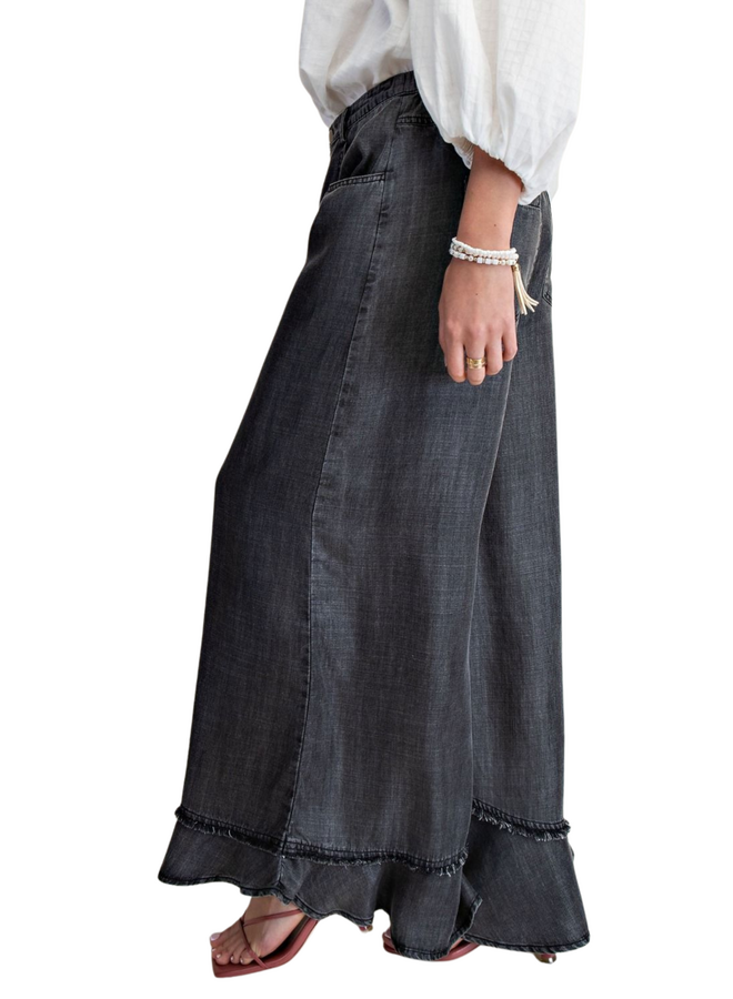 Ruffle Hem Wide Leg Pants in Black Denim