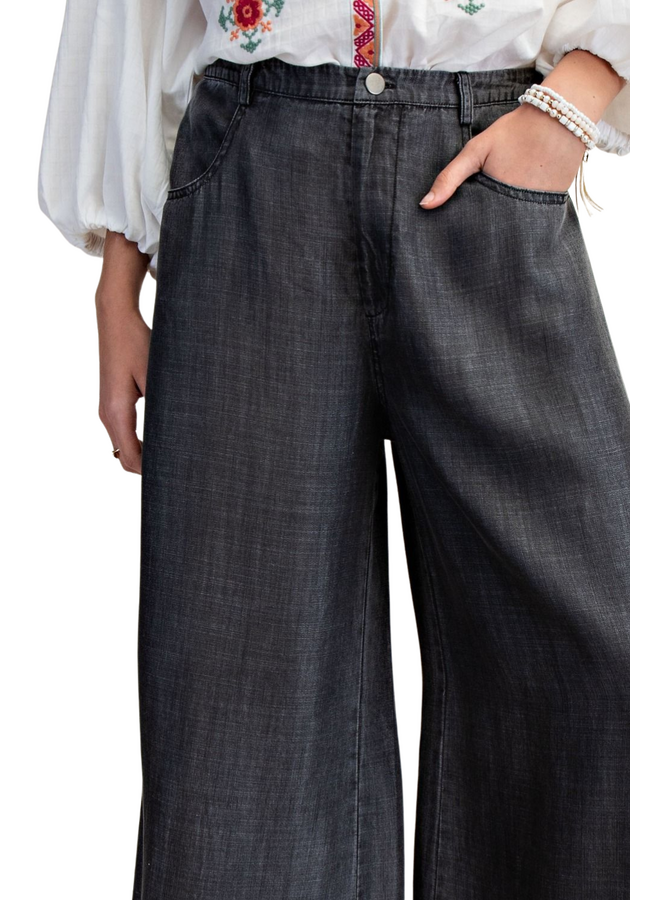 Ruffle Hem Wide Leg Pants in Black Denim