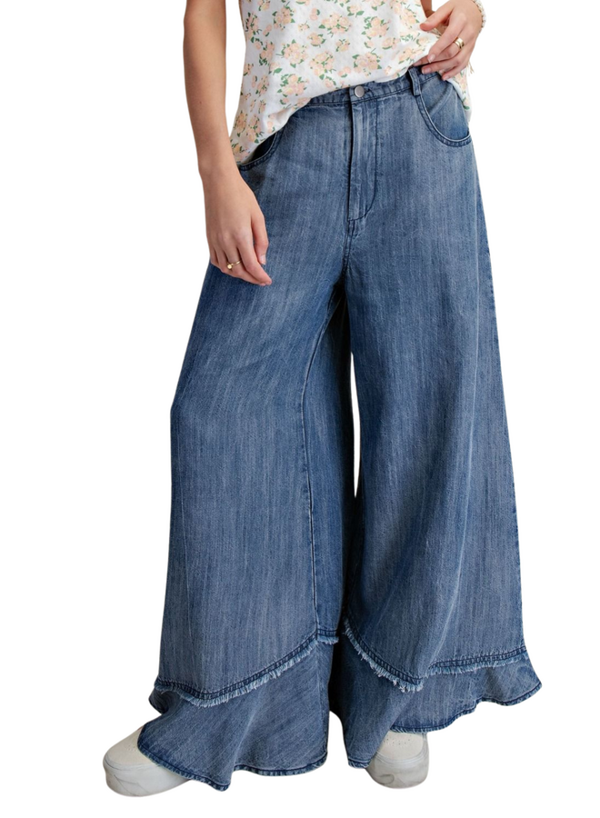 Ruffle Hem Wide Leg Pants in Washed Denim