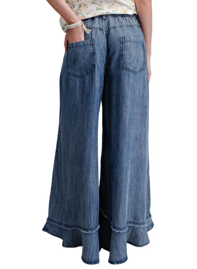Ruffle Hem Wide Leg Pants in Washed Denim