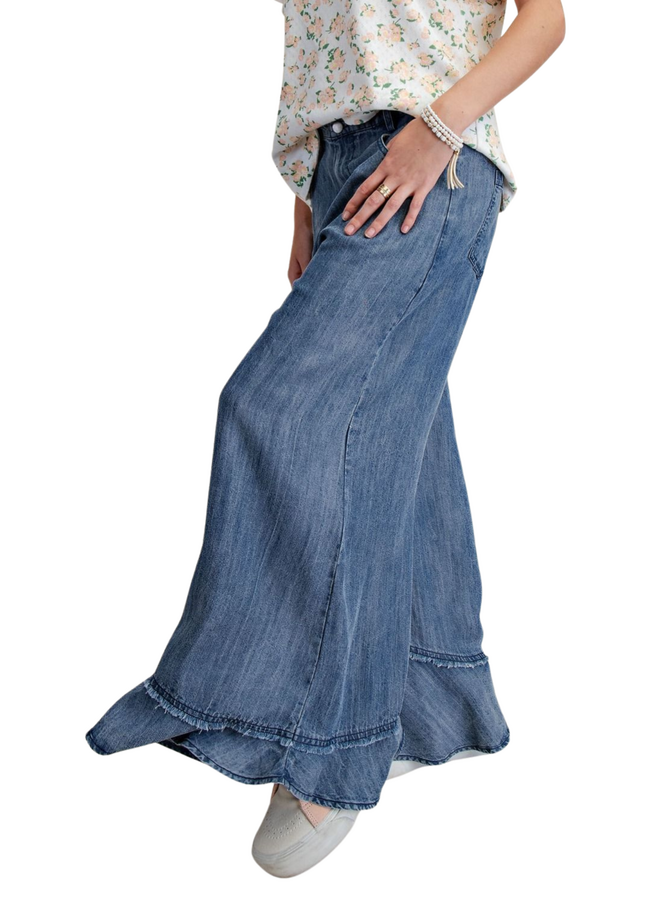 Ruffle Hem Wide Leg Pants in Washed Denim