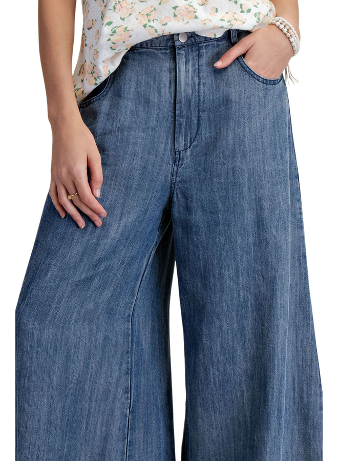 Ruffle Hem Wide Leg Pants in Washed Denim