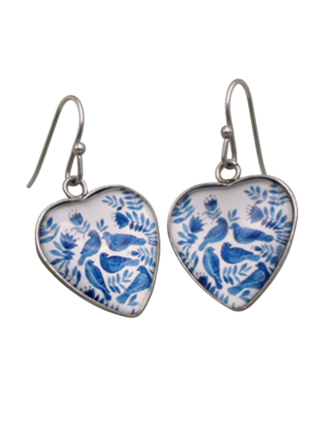 Vintage Blue Birds Heart Earrings