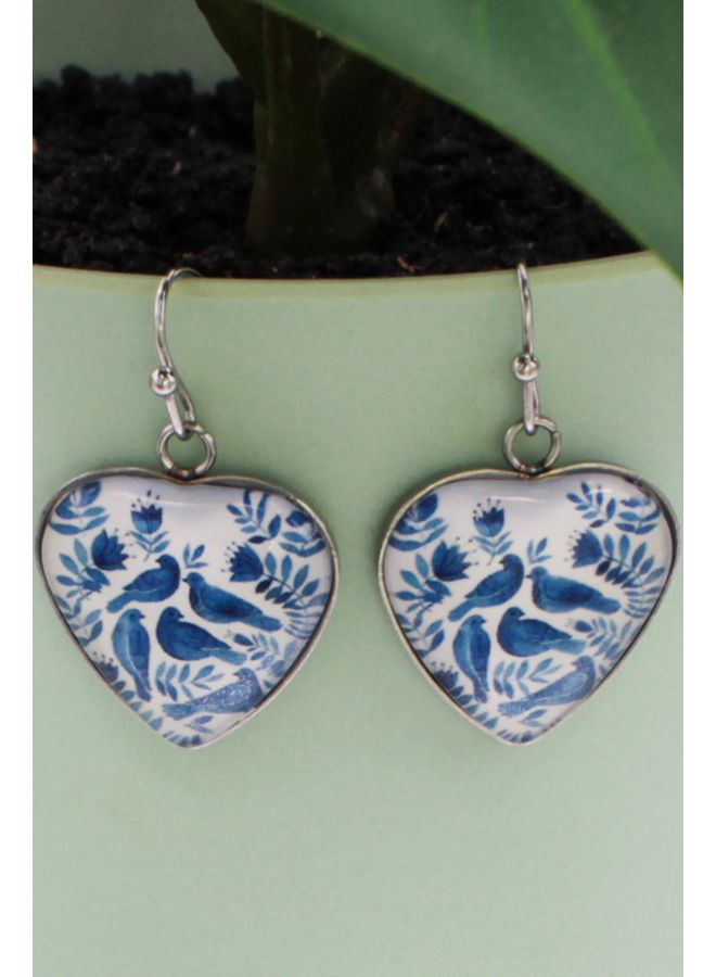 Vintage Blue Birds Heart Earrings