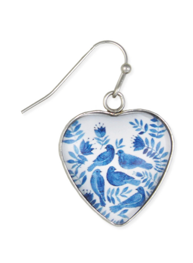 Vintage Blue Birds Heart Earrings