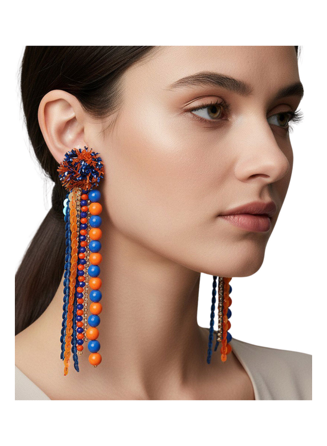 Gameday Pompom Drop Earrings in Blue & Orange