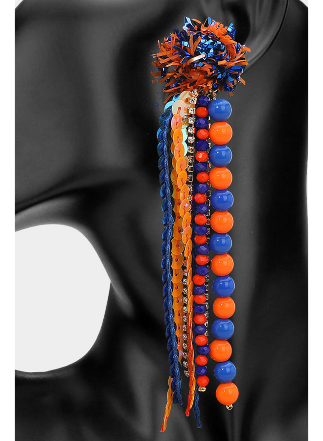 Gameday Pompom Drop Earrings in Blue & Orange