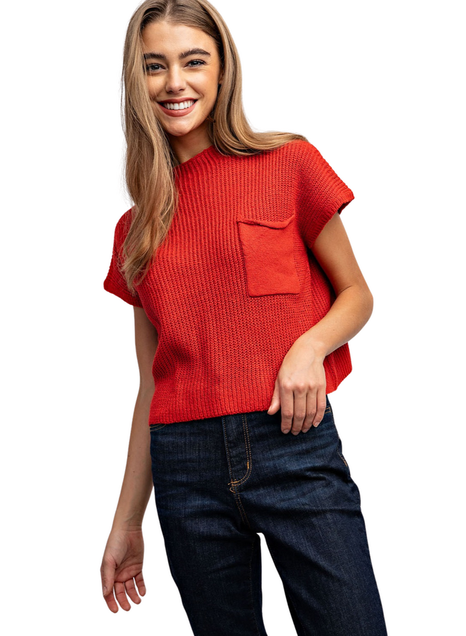 Ribbed Sweater Pocket Top in Red
