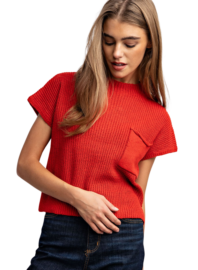 Ribbed Sweater Pocket Top in Red