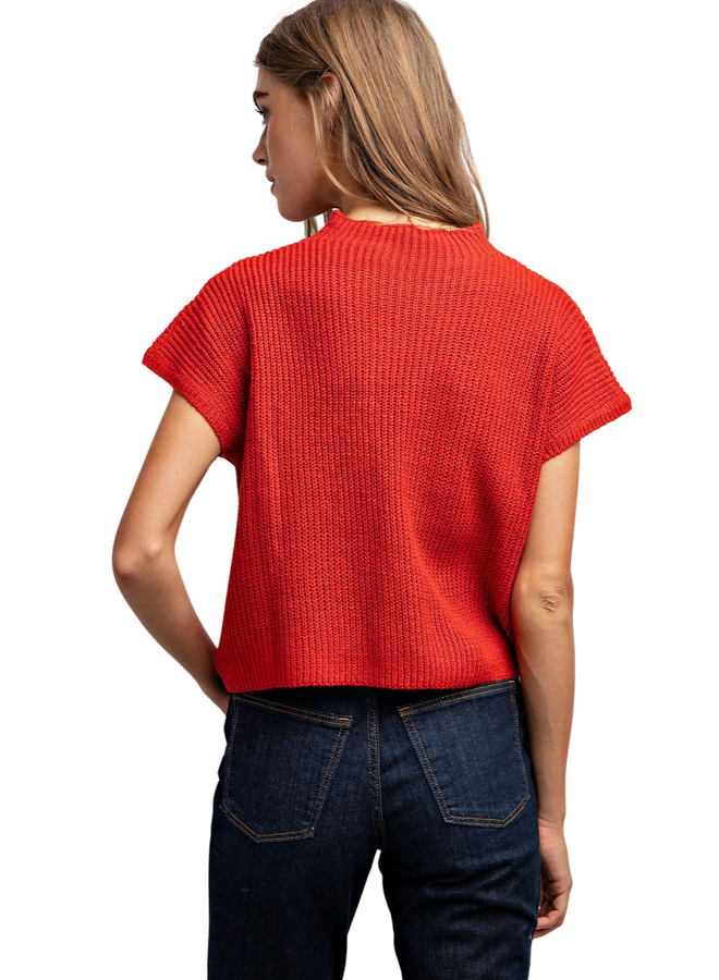 Ribbed Sweater Pocket Top in Red