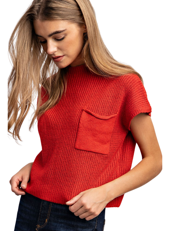 Ribbed Sweater Pocket Top in Red