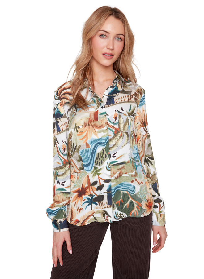 Renuar Satin Tropics Blouse in Olive