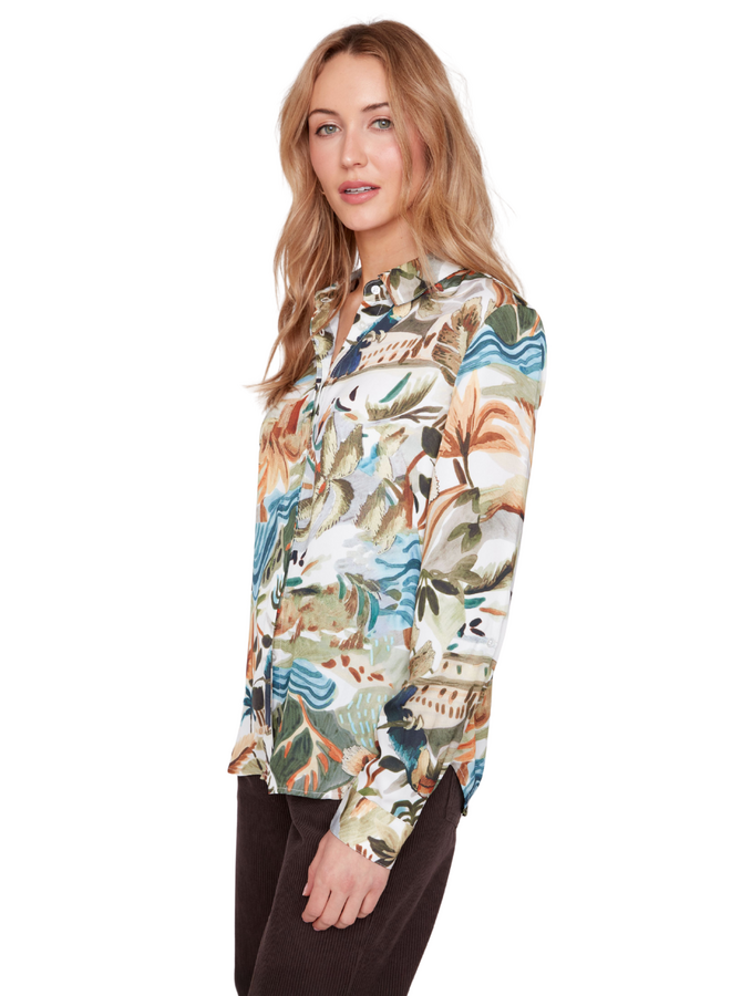 Renuar Satin Tropics Blouse in Olive