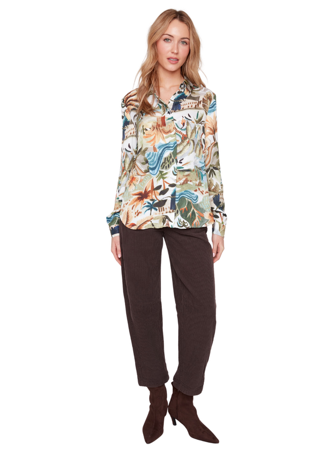 Renuar Satin Tropics Blouse in Olive