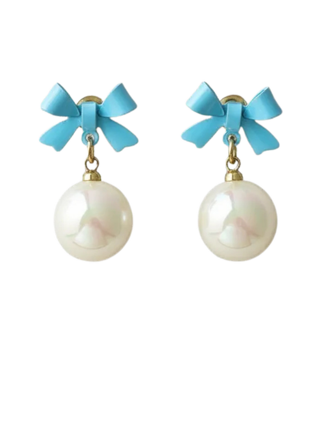 Blue Bow Pearl Earrings