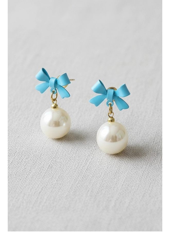 Blue Bow Pearl Earrings