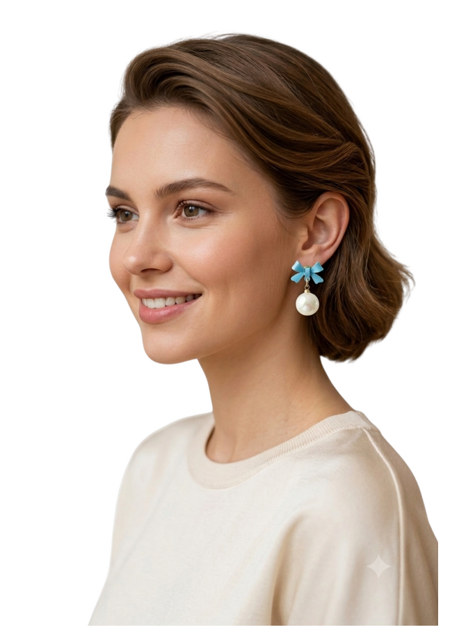 Blue Bow Pearl Earrings
