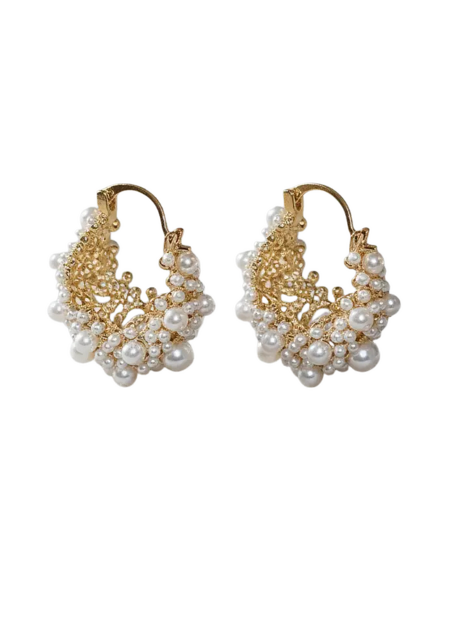 Gold Pearl Cluster Hoop Earrings