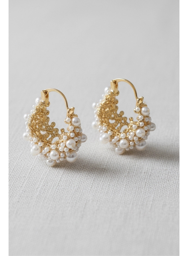 Gold Pearl Cluster Hoop Earrings