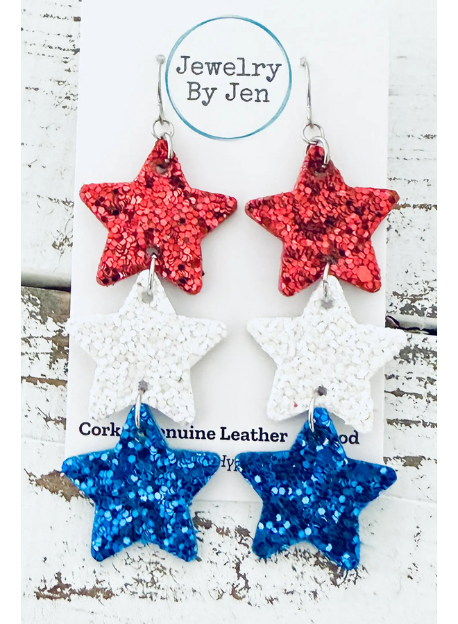 Red White Blue Glitter Star Earrings