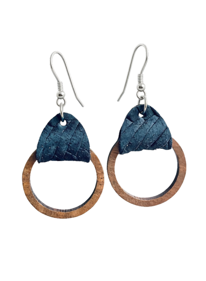 Navy Leather Wood Hoop Earrings