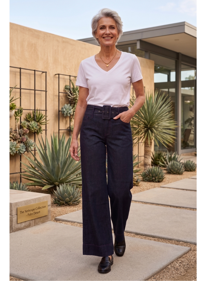French Dressing Olivia Belted Wide Leg Trouser in Forever Blue