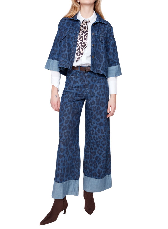 Renuar Leopard Wide Leg Cuff Jeans in Indigo