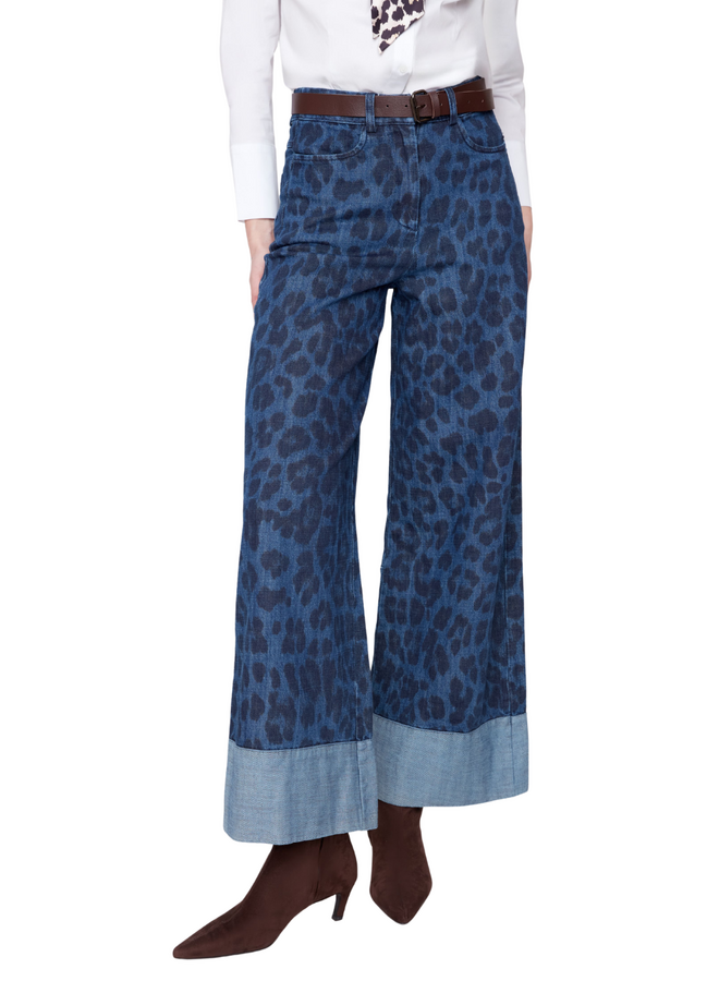 Renuar Leopard Wide Leg Cuff Jeans in Indigo