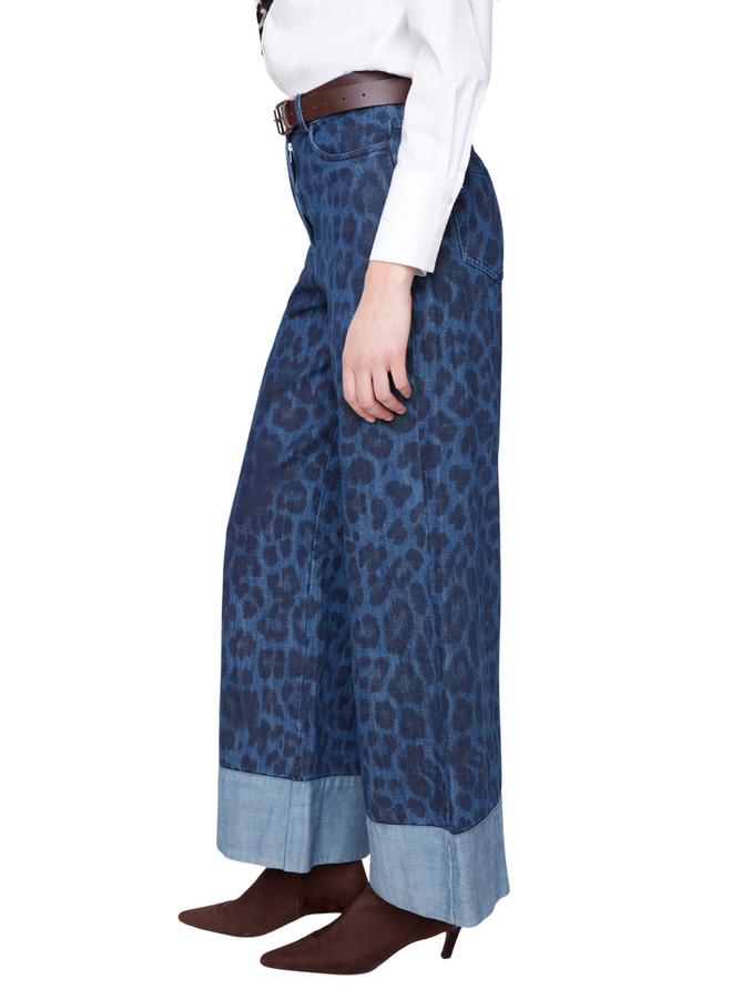 Renuar Leopard Wide Leg Cuff Jeans in Indigo