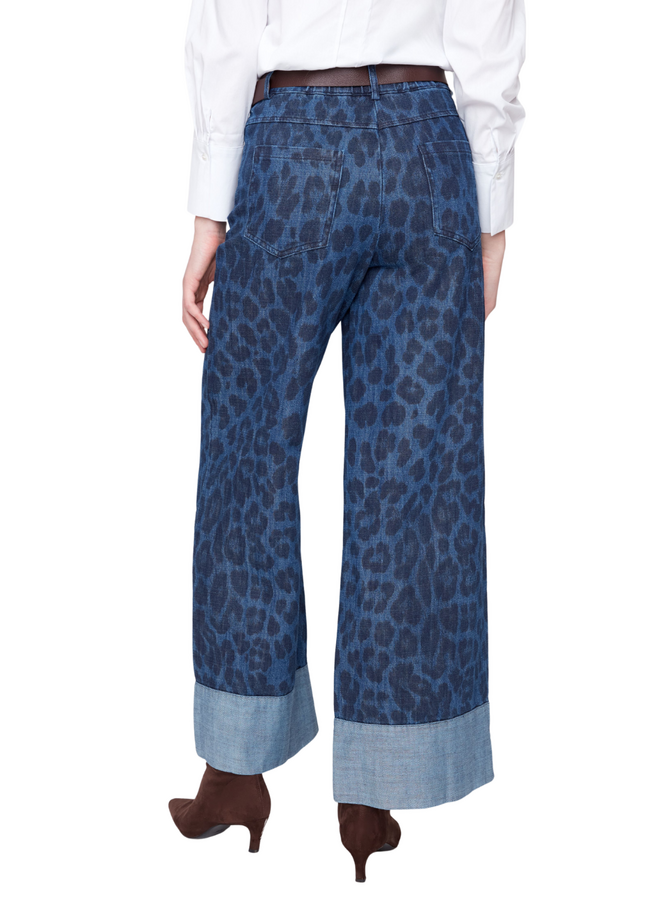 Renuar Leopard Wide Leg Cuff Jeans in Indigo