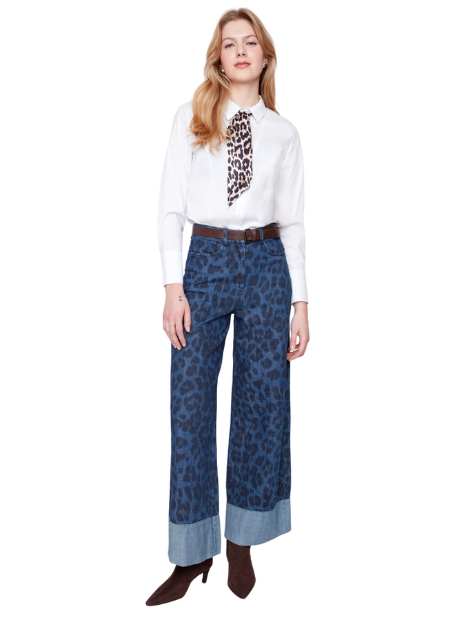 Renuar Leopard Wide Leg Cuff Jeans in Indigo