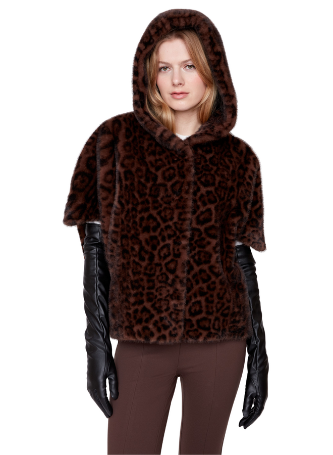Renuar Leopard Faux Fur Hooded Poncho